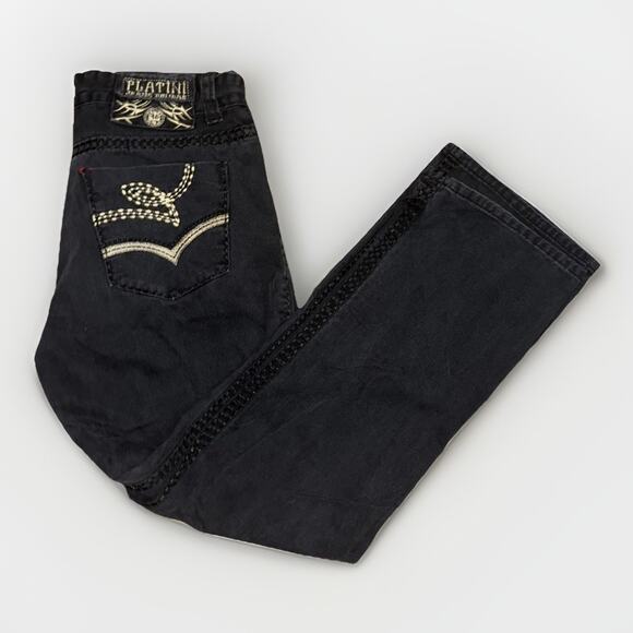 Vintage Platini Jeans Cougar Embroidered Pants Black 33x32 Y2K (Missing Button) - Picture 1 of 7